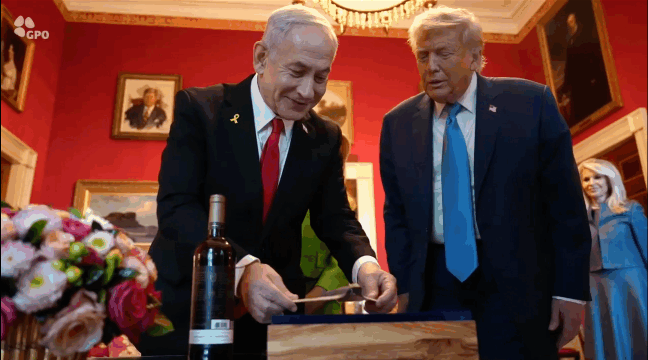 Israeli Prime Minister Benjamin Netanyahu presents U.S. President Donald Trump with a mezuzah in the shape of a B-2 bomber at the White House, July 7, 2025. (Screenshot from GPO footage)